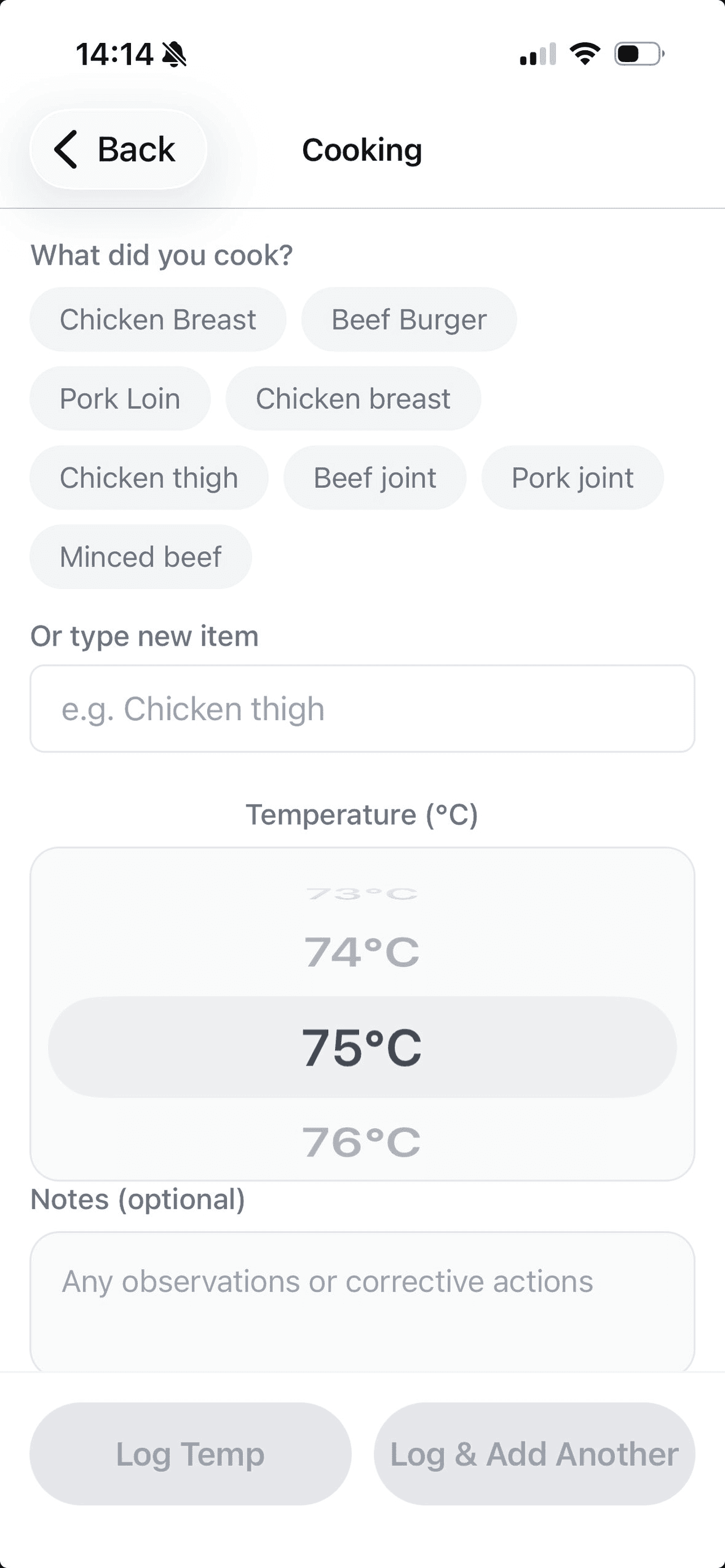 Reko cooking temperature log on iPhone